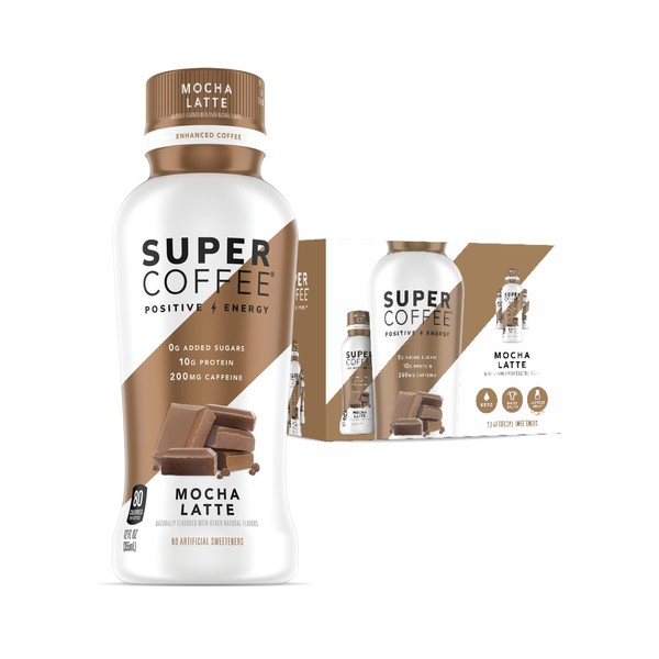 Super Coffee, Iced Keto Coffee (0g Added Sugar, 10g Protein, 80 Calories) [Mocha Latte] 12 Fl Oz, 6 Pack | Iced Coffee, Protein Coffee, Coffee Drinks, Smart Coffee - SoyFree GlutenFree