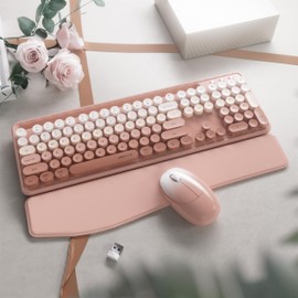FCPLU xUBOTIE Wireless Keyboard and Mouse, Colorful 104-Key QWERTY with Round Keys, Phone Holder, Wrist Rest, Power Buttons, 2.4GHz USB for PC Laptop(Peach Gradient)