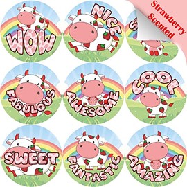 120 Strawberry Cow 30mm Scented Reward Stickers for Teachers, Parents and Party Bags