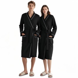 Cuffbow Cotton Robe for Women and Men Lightweight Waffle Knit Bathrobe Couple V Neck Spa Sleepwear(Women,2x-3xl,Black)