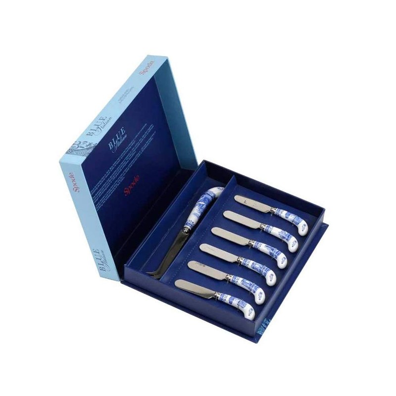 Spode Blue Italian Cheese Knife & 6 Spreaders (Gift Boxed)