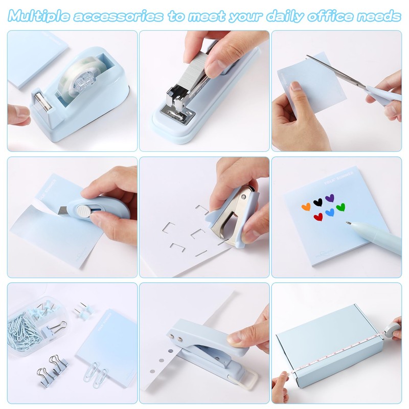 Blue Desk Accessory Kit Cute Office Supplies Set Desktop Stapler
