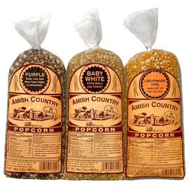 Amish Country Popcorn | 3-1 lb Bags | 1 lb Baby White, 1 lb Ladyfinger, and 1 lb Purple Popcorn Kernels Variety Pack | Old Fashioned, Non-GMO and Gluten Free (3-1 lb Bags)