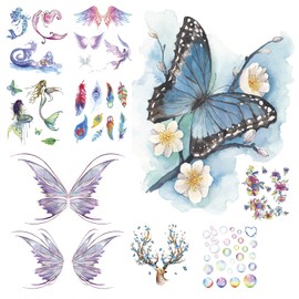 Nirbffo Temporary Tattoo Butterfly Flower Mermaid Wing Feathers Colorful Bubbles Sticker Glitter Tattoo for Women 10 Sheets
