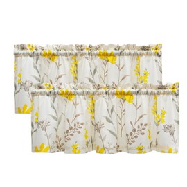 July Joy Printed Valance Linen Textured for Living Room Floral Leaf Design Sheer Curtains Farmhouse Style Window Panel Drapes Set Rod Porket Treatment for Bedroom, Dining, 52 x 18 inch, Yellow