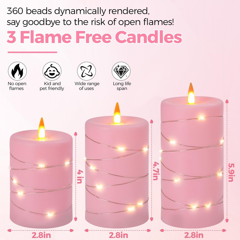 Fanzir Rose Pink Flameless Candles with String Lights Battery Operated