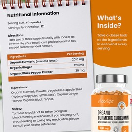 VitaBright Organic Turmeric and Black Pepper Capsules 2160mg/4 Mths, Turmeric Curcumin and Ginger Supplement/Turmeric Tablets/Tumeric Supplement Joints/Turmeric Herbal Supplements/VitaBright Turmeric Supplement