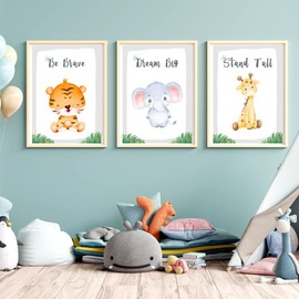Girl or Boy Nursery Print, Set of 3 Safari Jungle Prints, Bedroom Wall Art Nursery Decor, Tiger, Elephant, Giraffe, Brave Tall Dream