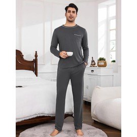 Litherday Men's Pyjamas Sets Long-Sleeve Cotton Pjs Set 2 Piece Loungewear Nightwear Tops and Bottoms with Pockets Grey