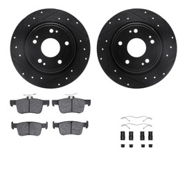 R1 Concepts eLINE Series Rear Brake Rotors Drilled and Slotted Black with Ceramic Pads and Hardware Kit For 2018-2021 Honda Accord