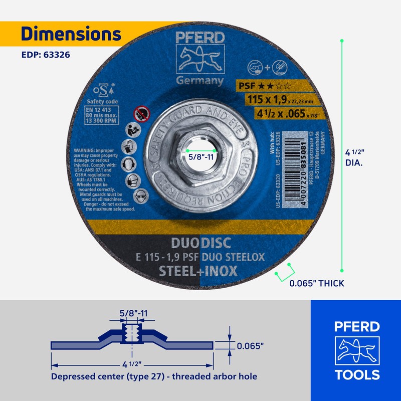 PFERD 4-1/2" PSF DUODISC STEELOX Combination Cutting and Grinding Wheel