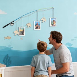 PHOENANCEE Fishing Pole Picture Frames,Fisherman Photo Frame 4.72"x6.69",Hanging Photo Display Wall Decor for Father's Day,Birthday,Christmas,Nursery,Kids Boys Room,Bathroom,Lake Cabin House,(White)