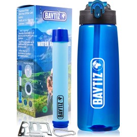 BAYTIZ - Water Bottle + Straw Filter + Carabiner - Outdoor Water Filter with Activated Carbon - Sports Survival Camping Hiking Survival Water Flash Straw Water Purifier Life Filter System Straw