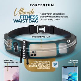 PORTENTUM Running Belt with Waterproof Adjustable Elastic Strap, Unisex Sweatproof waistpacks with Large Capacity, Perfect for Running and Outdoor Activities