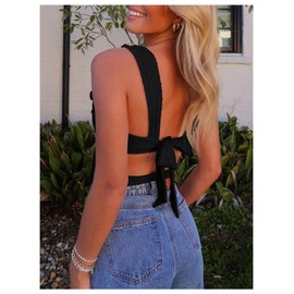 SOLY HUX Women's Summer Cami Contrast Lace Bow Front Crop Tops Square Neck Sleeveless Tie Back Tank Top Plain Black Medium