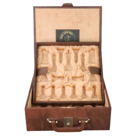 Royal Chess Mall - Tan Brown Leatherette Coffer Storage Box for Chess Pieces - 3.5" to 4.1" Chessmen -with Tray