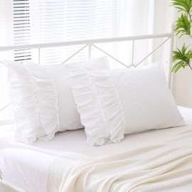 YOKKITA 2 Pack White Ruffle Pillow Shams Standard Size 20x26 inches, 100% Cotton French Country Rustic Vintage Shabby and Chic Decorative Bed Pillow Shams (Shabby White 3,20x26 inches)