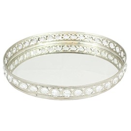 Oval Silver Mirrored Decorative Tray with Gemstones