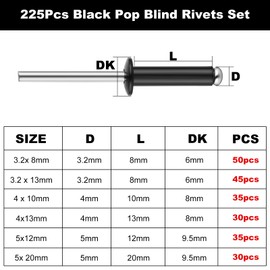 Nadisean 225 Pcs Pop Rivets Assortment Kit, 6 Sizes Aluminum Blind Rivets, Pop Blind Rivets, Black Pop Rivets 3.2mm, 4mm, 5mm with Label and Storage Box for Furniture, Car, Ships, Airplanes