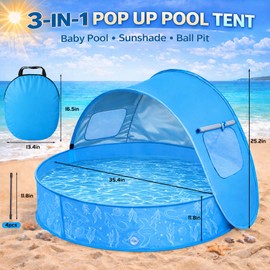 Baby Pool with Canopy, Foldable Pop Up Kiddie Pool with Shade, 35.4 Inch