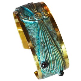 Elaine Coyne Verdigris Patina Decorative Dragonfly Cuff - Amethyst and Garnet