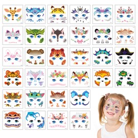 32 Sheets Face Temporary Tattoos for Kids Cute Animal Face Painting Make up Tattoo Stickers Set Birthday Party Bag Fillers Supplies Decorations for Girls Boys