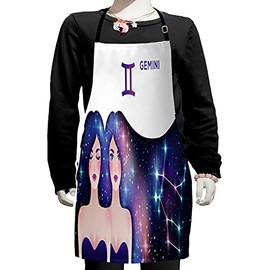 Ambesonne Celestial Apron, Gemini Zodiac with Twin Girls and Constellation Hair Horoscope, Small Apron Bib with Adjustable Ties for Baking Painting, Small Size, Violet and Multicolor