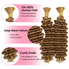 WOWANGEL Boho Braids Human Hair Extensions, Knotless Boho Braiding Hair for Curly Bohemian Styles​,18 Inch Deep Wave Human Hair Bundles (100g),Honey Blonde(27#)