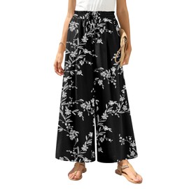 Bestbee Palazzo Plus Size Pants for Women Dressy Casual Wide Leg Slacks Elastic Waist Business Flowy Pants with Pockets, XL, Black-White Flowe
