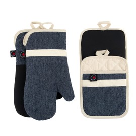 Oven Mitts and PotHolders Sets, 4 Pcs Kitchen Oven Glove High Heat Resistant 400°F Pot Holders for Kitchen, Non-Slip Neoprene Oven Mitts are Suitable for Cooking, Baking (Black)