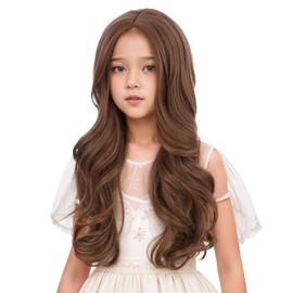 Edivd Ginger Wig for Kids Children Long Light Brown Wavy Curly Wig Girls Long Ginger Middle Part Wig Heat Resistant Synthetic Wig with Wig Cap