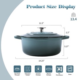 EDGING CASTING Enameled Cast Iron Round Dutch Oven With Lid Dual Handle Pot, 7 Quart, Slateblue