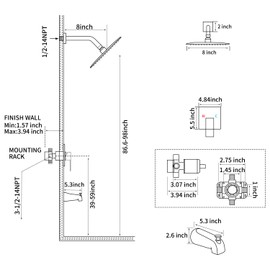 GGStudy Shower Faucet Set, Black Tub Shower Faucet with 8-Inch Square Rainfall Shower Head and Tub Spout Shower Tub Faucet Set Complete Included Shower ValveTub Shower Trim Kit, Matte Black