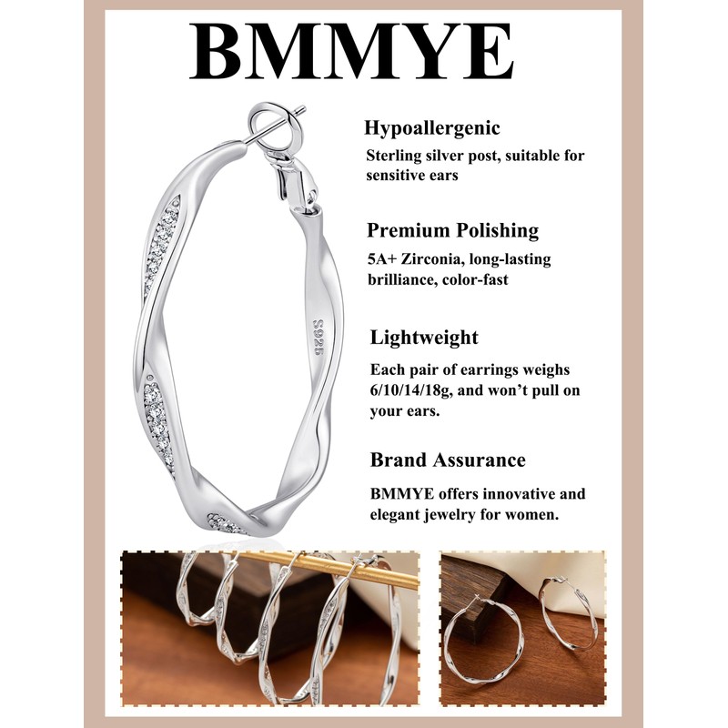 BMMYE Sterling Silver Hoops Earrings for Women 30mm