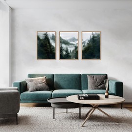 HOURIA Boho Forest Mountain Framed Canvas Wall Art Set,Nature Foggy Woodland Ridge Wall Decor,Misty Pine Tree Artwork,Sage Green Botanical Art Prints for Living Room, Bedroom, Farmhouse-16 x24 x3