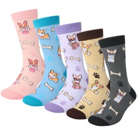 5 Pairs Cute Cat Dog Socks for Women, Womens Funny Novelty Crew Cotton Socks Animal Patterned Christmas Gifts Size 9-11