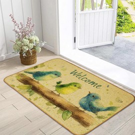 Three Birds Green Front Door Mat,Green Blue Absorbent Welcome Mat Indoor Outdoor Waterproof Non Slip Doormat for Stair Porch Garden 17 x 29 Inch
