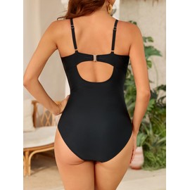 Smismivo Tummy Control Swimsuit One Piece Bathing Suit for Women Slimming V Neck Ruched Swim Suit Cutout Swimwear Black M