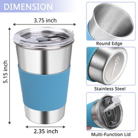 Rommeka Stainless Steel Cups for Kids, 16oz Reusable Drinking Cups Spill Proof Water Tumbler for Kids and Adults, Dishwasher Safe, 5 Pack