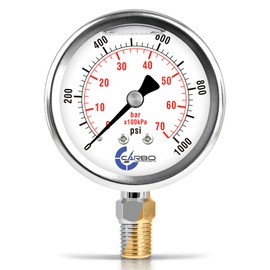 CARBO Instruments Stainless Steel Pressure Gauge Dual Display (0-1000 psi/kPa) - 2 1-2" Glycerine Liquid Filled Water Air Oil Gas Gauge with Polycarbonate Lens & Brass Connection -1/4" NPT Lower Mount