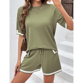 Ekouaer Womens Knit Pajamas Set 2 Piece Sweater Sets Short Sleeve Pullover Tops Loungewear Army Green, Small