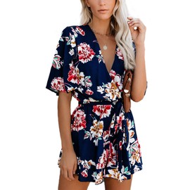 Relipop Women's Summer Romper Floral Print V Neck Flared Half Sleeve Elastic Tie Waist Ruffle Casual Rompers Jumpsuits