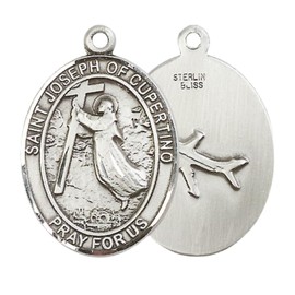 Saint Joseph of Cupertino Medal – Men's Sterling Silver Pendant with 24-Inch Light Rhodium Plated Heavy Curb Chain – Patron Saint of Pilots & Air Force – Velvet Gift Box Included