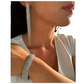 ONDEGO® Strass Ohrringe Silber Glitzer Armband Silvester Ohrhänger Schmuck Creolen lang Geschenk XXL lang (Armband Gold)