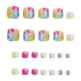 Toenails Press on Square Fake Toe Nails Summer Glue on Toenails Supplies Pink Yellow Acrylic Toe Nails 24Pcs BABALAL Colorful Flower Manicure Diy Toenails Supplies Artificial Toe Nails DIY Decoration
