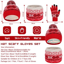 Waylipun Kids Winter Hat Scarf Gloves Set, 3 in 1 Thermal Knit Hat Scarf Gloves Set with Double Layer Fleece Lining, Snow Pattern Cold Weather Set for Kids Boys Girls 2-7 Years (Christmas Red)