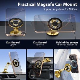 BPTAKOO Ultra Magnetic Long-Arm Phone Holder Stand, Fits for MagSafe Car Mount Bracket【Windshield+Vent+Dash】, 360° Rotation Adjustable Strong Magnets Car Mount Desk Office Phone Cradle Holder, Gold