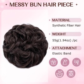 S-noilite Hairpiece with Elastic Band, Large Bun Hairpiece, Hair Extension, Wavy Curly, Messy Bun Ponytail for Women and Girls, 55 g, Dark Brown
