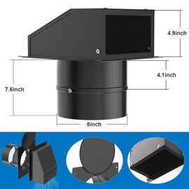 8 Inch Galvanized Steel Hooded Wall Vent with Screen and Damper, Outdoor Wall Exhaust Vent Cover Cap for Kitchen Range Hood and Dryer Duct Exterior Ventilation and Air Exhaust - Black