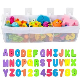 Comfylife Large Bath Toy Organizer with Letters and Numbers – 3 Compartment Bath Toy Holder for Bathtub & Shower – Quick-Dry Mesh with 4 Strong Adhesive Hooks